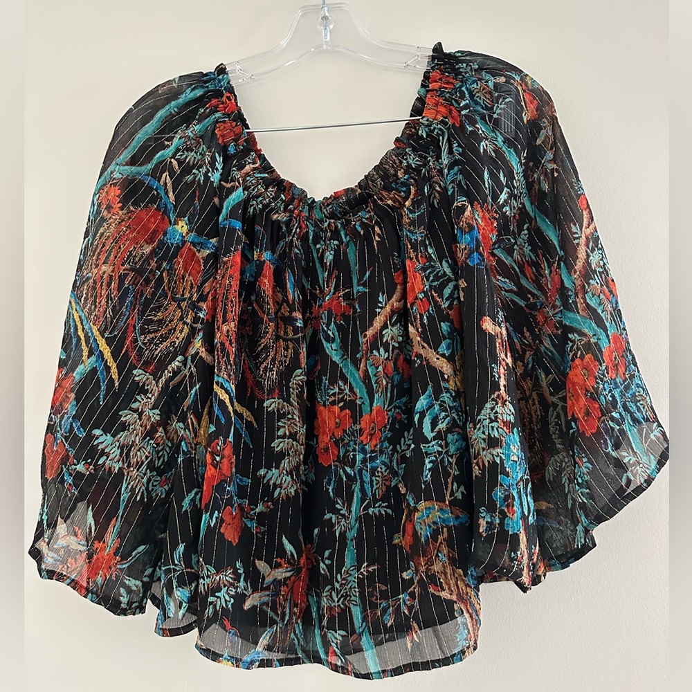 Club Monaco Floral Chiffon Off Shoulder  Blouse with gold threading Size 6
